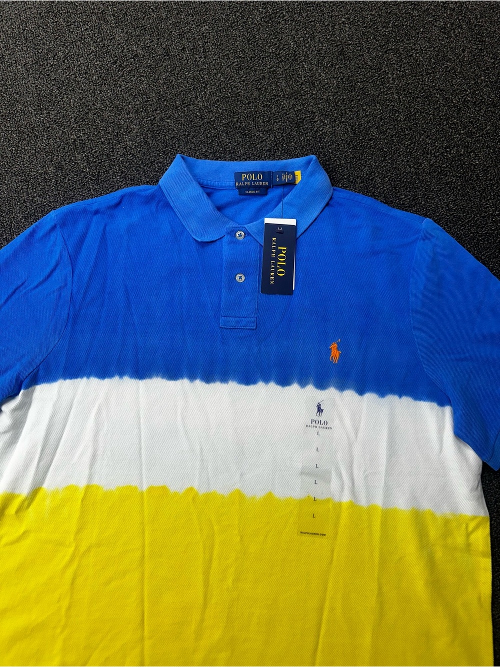 Polo Ralph Lauren Polo Shirt Mens L Blue White Yellow Dip Dye Classic Fit- NWT